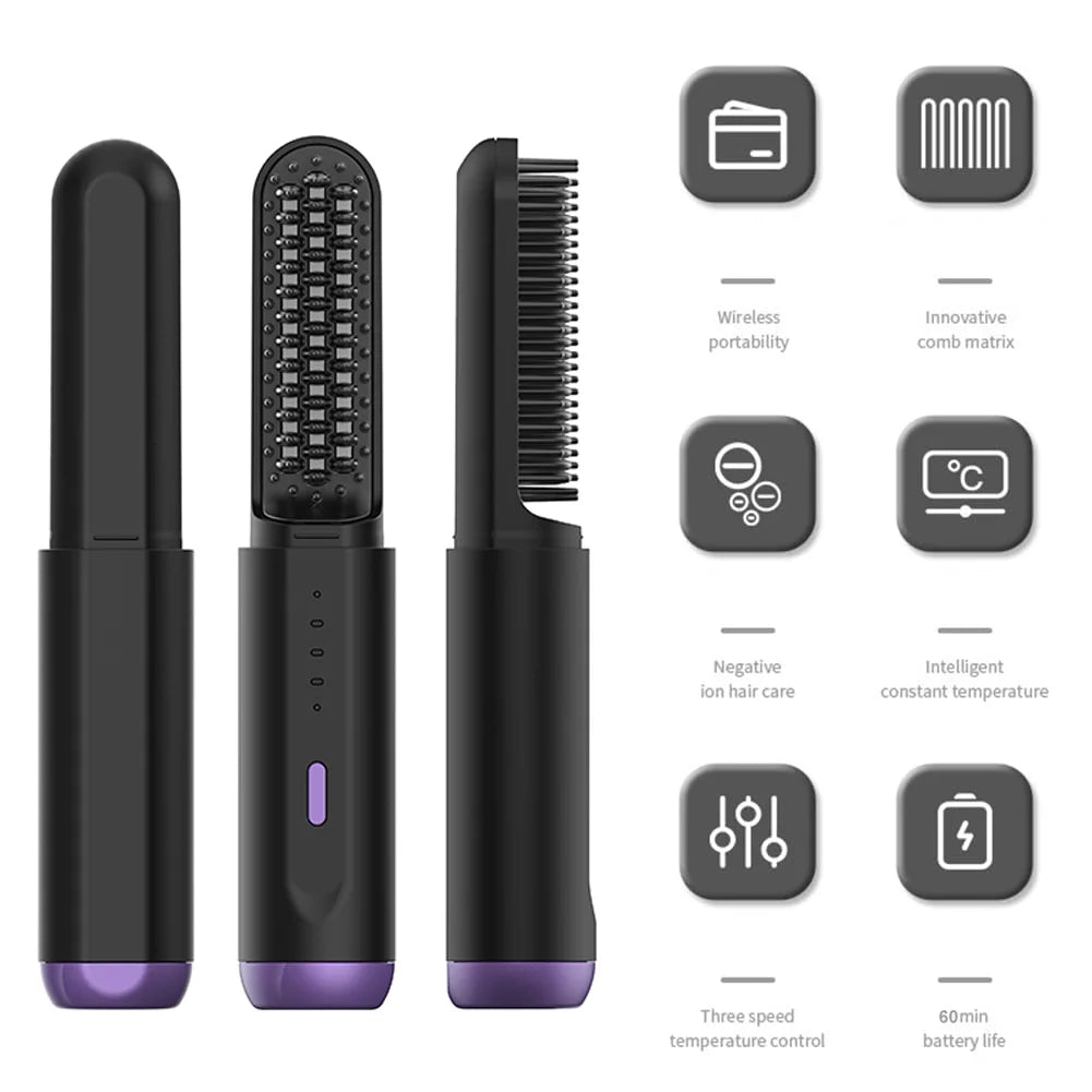 Cordless Heated Beard Brush for Men Electric Hot Comb Anti-Scald Mini Straightening Brush Portable for Travel and Home Use