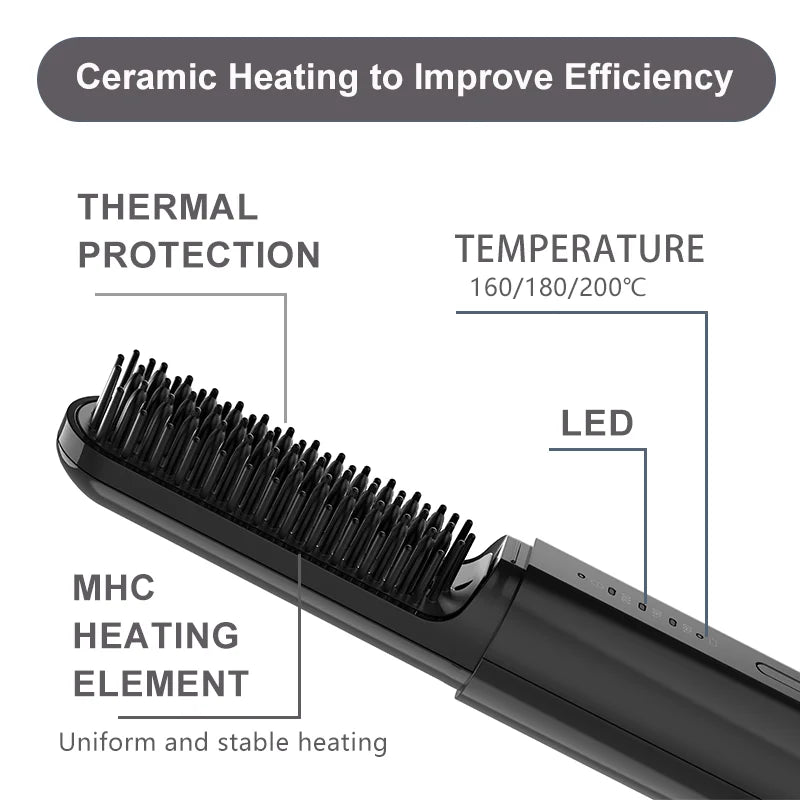 Cordless Heated Beard Brush for Men Electric Hot Comb Anti-Scald Mini Straightening Brush Portable for Travel and Home Use